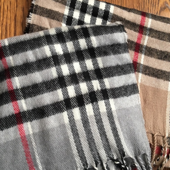 2 scarves lot plaid check tan gray red black white - Picture 2 of 2